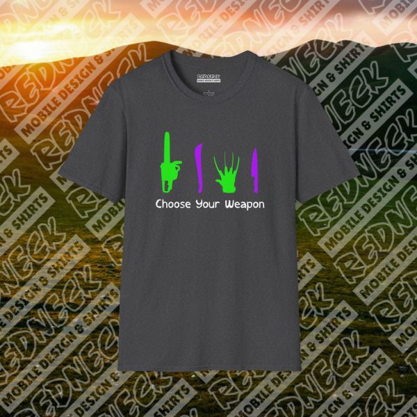 Choose Your Weapon: A Horror Fan's Nightmare Halloween Tee (Purple/Green) - Image 3