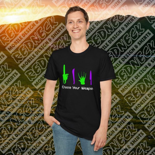 Choose Your Weapon: A Horror Fan's Nightmare Halloween Tee (Purple/Green) - Image 7