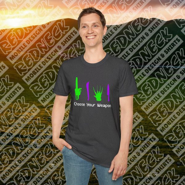 Choose Your Weapon: A Horror Fan's Nightmare Halloween Tee (Purple/Green)