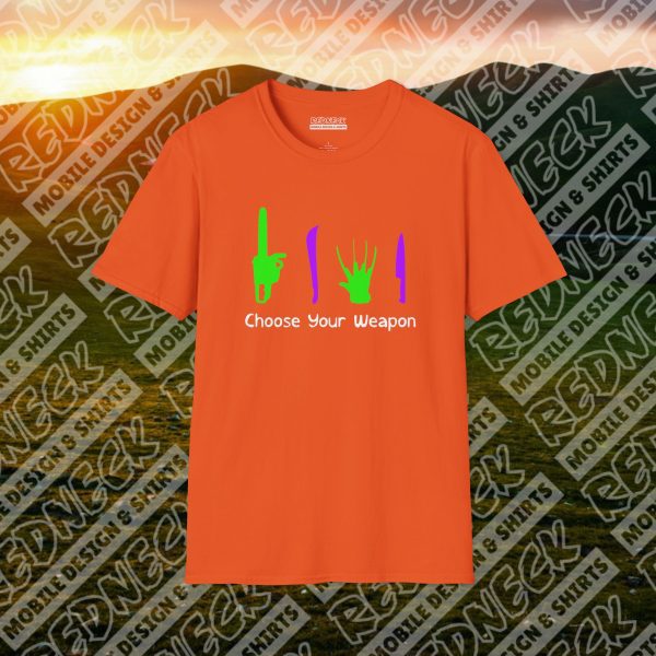Choose Your Weapon: A Horror Fan's Nightmare Halloween Tee (Purple/Green) - Image 12