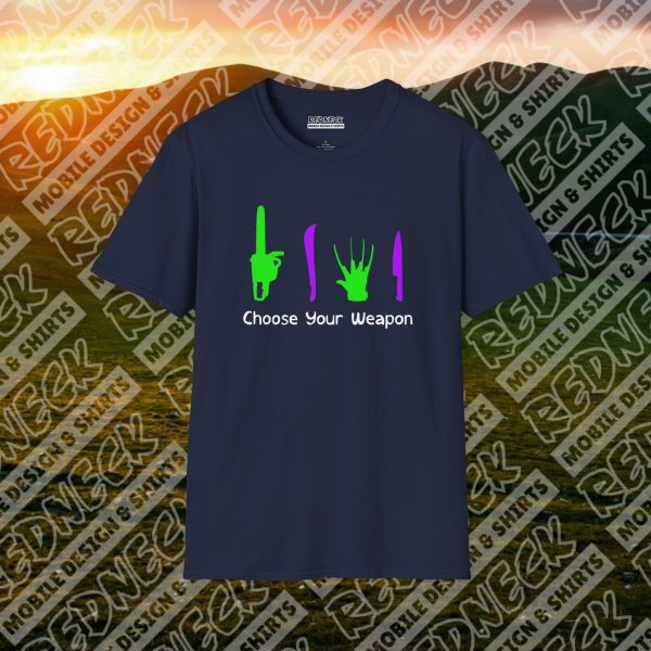 Choose Your Weapon: A Horror Fan's Nightmare Halloween Tee (Purple/Green) - Image 24