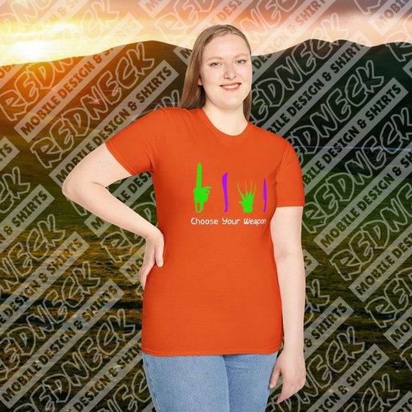 Choose Your Weapon: A Horror Fan's Nightmare Halloween Tee (Purple/Green) - Image 11