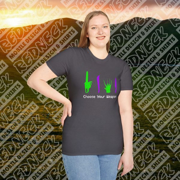 Choose Your Weapon: A Horror Fan's Nightmare Halloween Tee (Purple/Green) - Image 17