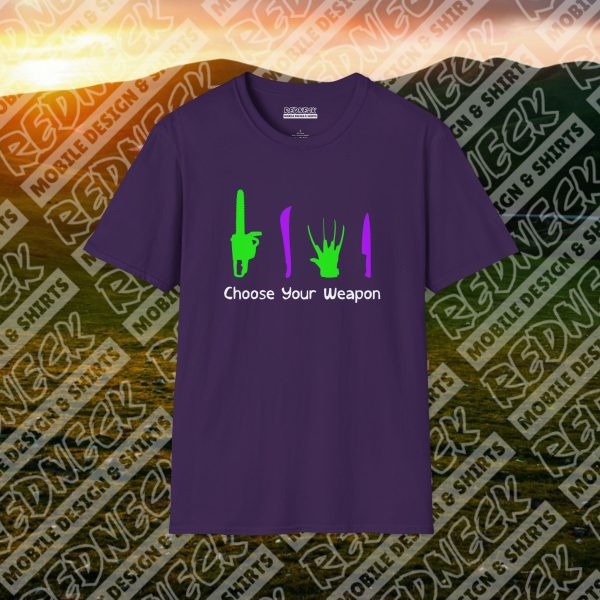 Choose Your Weapon: A Horror Fan's Nightmare Halloween Tee (Purple/Green) - Image 6