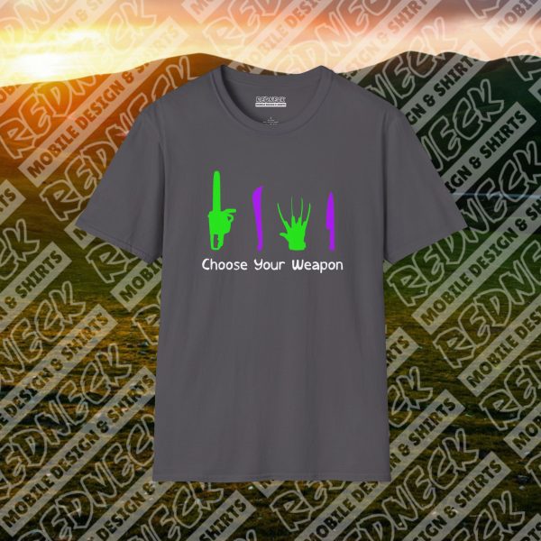Choose Your Weapon: A Horror Fan's Nightmare Halloween Tee (Purple/Green) - Image 18