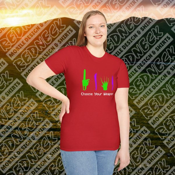Choose Your Weapon: A Horror Fan's Nightmare Halloween Tee (Purple/Green) - Image 14