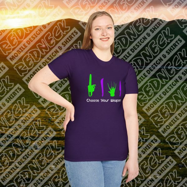 Choose Your Weapon: A Horror Fan's Nightmare Halloween Tee (Purple/Green) - Image 5