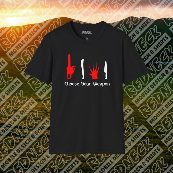 Choose Your Weapon: A Horror Fan's Nightmare Halloween Tee (Red/White) - Image 9