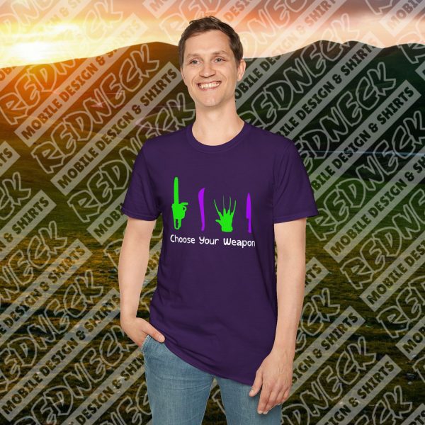 Choose Your Weapon: A Horror Fan's Nightmare Halloween Tee (Purple/Green) - Image 4