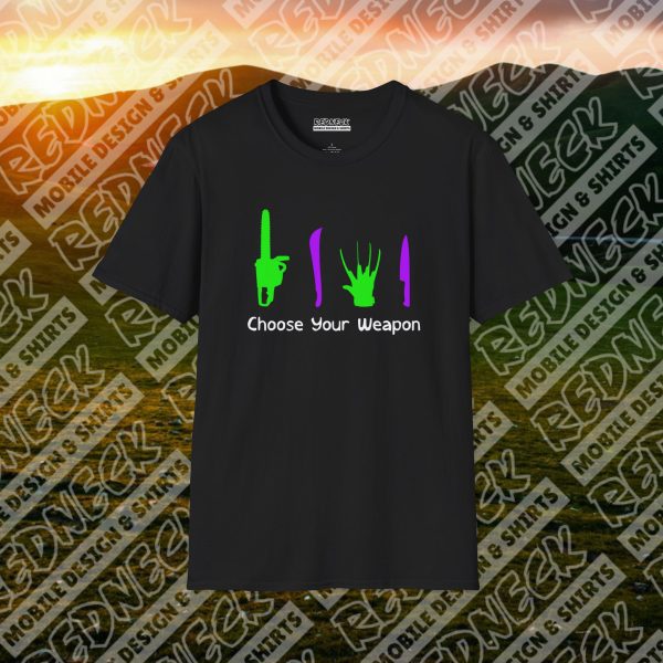 Choose Your Weapon: A Horror Fan's Nightmare Halloween Tee (Purple/Green) - Image 9