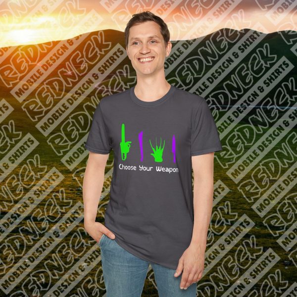Choose Your Weapon: A Horror Fan's Nightmare Halloween Tee (Purple/Green) - Image 16
