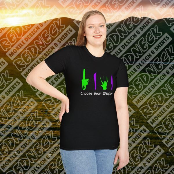 Choose Your Weapon: A Horror Fan's Nightmare Halloween Tee (Purple/Green) - Image 8