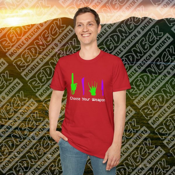 Choose Your Weapon: A Horror Fan's Nightmare Halloween Tee (Purple/Green) - Image 13
