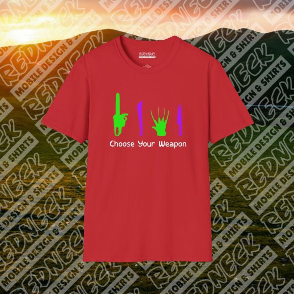 Choose Your Weapon: A Horror Fan's Nightmare Halloween Tee (Purple/Green) - Image 15